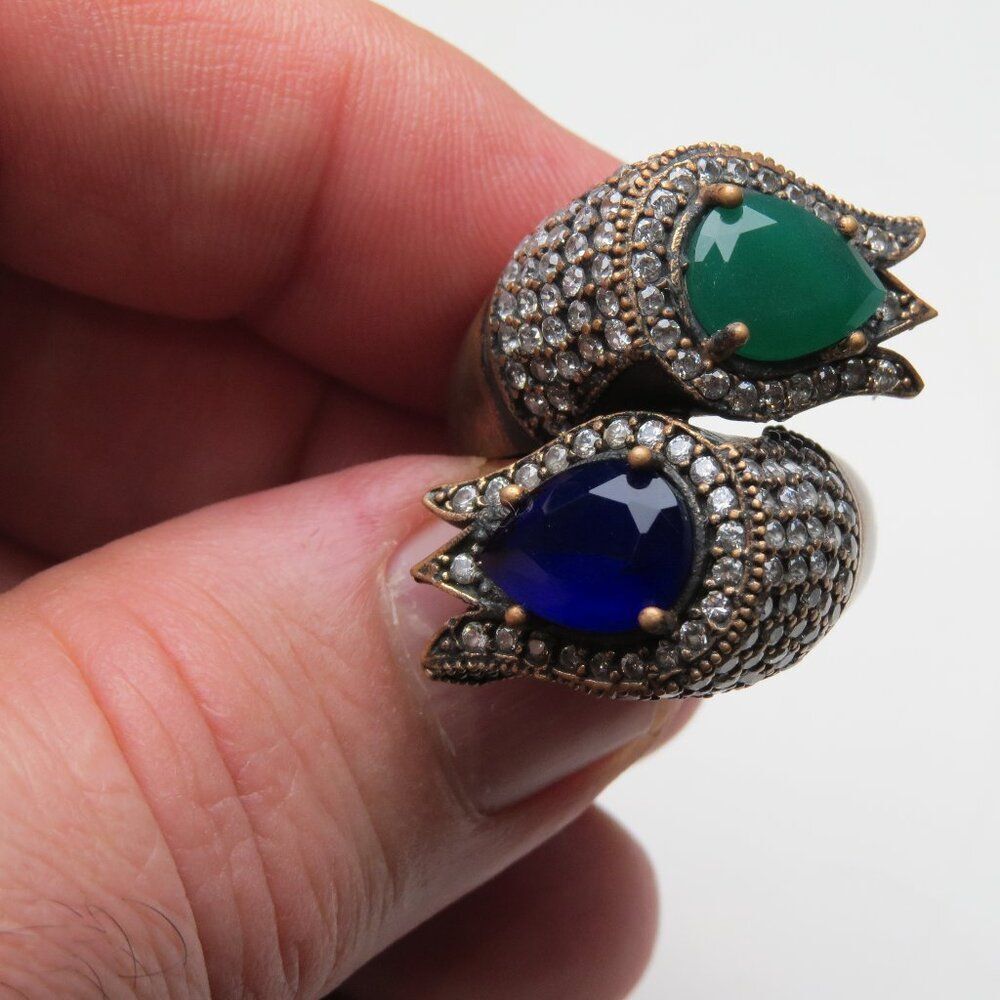 *925 Sterling Silver Diamond Emerlad Sapphire Ring